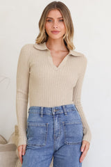 Andee Knit Top - Wing Collar V-Neck Ribbed Long Sleeve Top in Cream