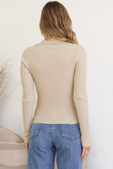 Andee Knit Top - Wing Collar V-Neck Ribbed Long Sleeve Top in Cream