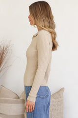 Andee Knit Top - Wing Collar V-Neck Ribbed Long Sleeve Top in Cream