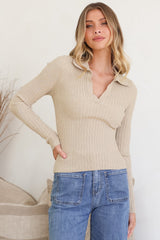 Andee Knit Top - Wing Collar V-Neck Ribbed Long Sleeve Top in Cream