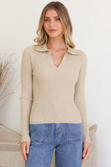 Andee Knit Top - Wing Collar V-Neck Ribbed Long Sleeve Top in Cream