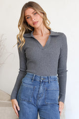 Andee Knit Top - Wing Collar V-Neck Ribbed Long Sleeve Top in Grey Marle
