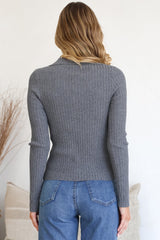 Andee Knit Top - Wing Collar V-Neck Ribbed Long Sleeve Top in Grey Marle