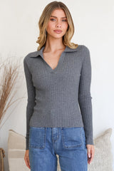 Andee Knit Top - Wing Collar V-Neck Ribbed Long Sleeve Top in Grey Marle