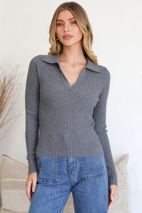Model wearing Andee Knit Top in Grey Marle from Salty Crush