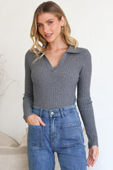 Andee Knit Top - Wing Collar V-Neck Ribbed Long Sleeve Top in Grey Marle