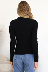 Andee Knit Top - Wing Collar V-Neck Ribbed Long Sleeve Top in Black