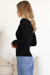 Andee Knit Top - Wing Collar V-Neck Ribbed Long Sleeve Top in Black