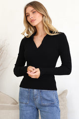 Andee Knit Top - Wing Collar V-Neck Ribbed Long Sleeve Top in Black