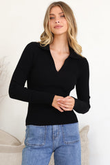 Andee Knit Top - Wing Collar V-Neck Ribbed Long Sleeve Top in Black