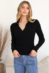 Andee Knit Top - Wing Collar V-Neck Ribbed Long Sleeve Top in Black