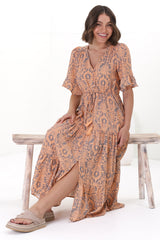 Andiara Midi Dress - A-Line Dress with Flute Sleeves and Waist Tie in Lacan Print