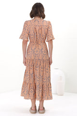 Andiara Midi Dress - A-Line Dress with Flute Sleeves and Waist Tie in Lacan Print