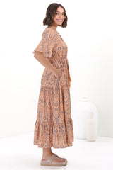 Andiara Midi Dress - A-Line Dress with Flute Sleeves and Waist Tie in Lacan Print