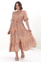 Andiara Midi Dress - A-Line Dress with Flute Sleeves and Waist Tie in Lacan Print