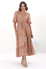 Andiara Midi Dress - A-Line Dress with Flute Sleeves and Waist Tie in Lacan Print