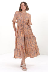 Andiara Midi Dress - A-Line Dress with Flute Sleeves and Waist Tie in Lacan Print