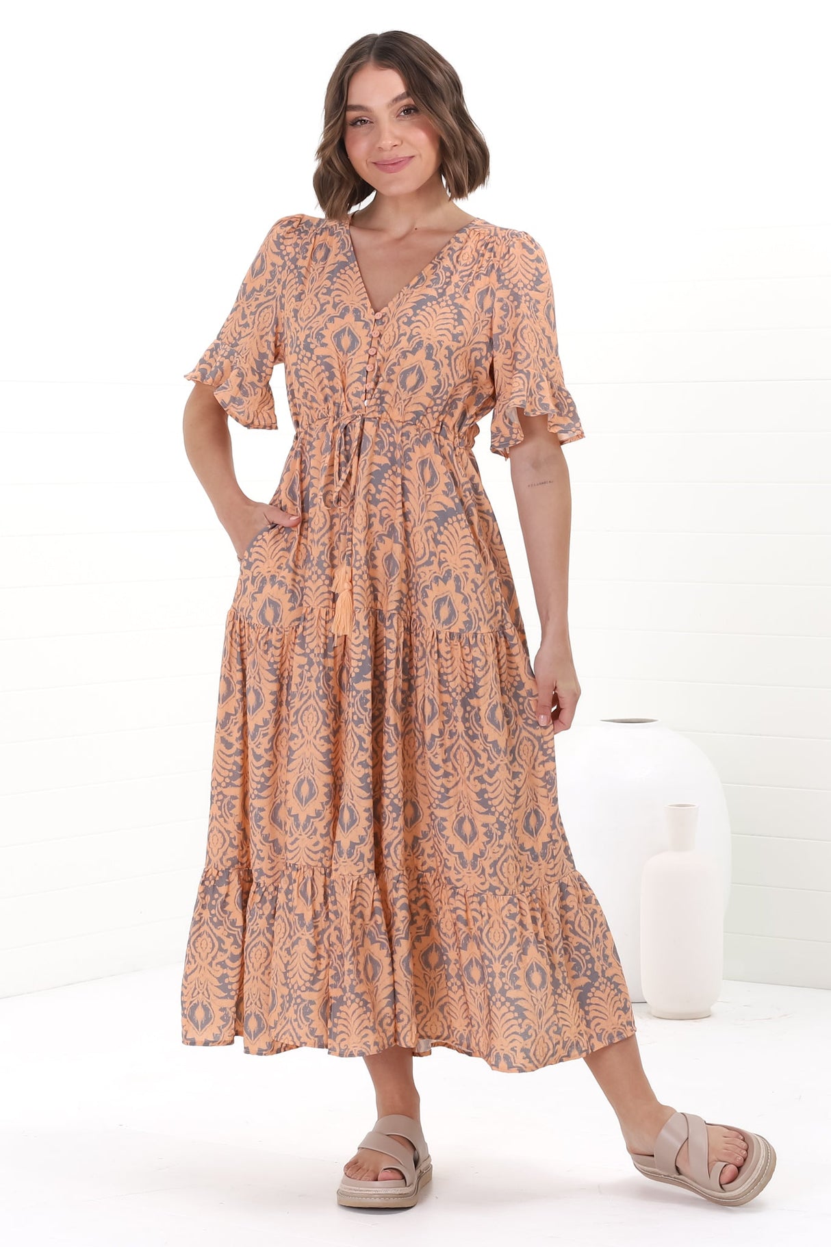 Andiara Midi Dress - A-Line Dress with Flute Sleeves and Waist Tie in Lacan Print