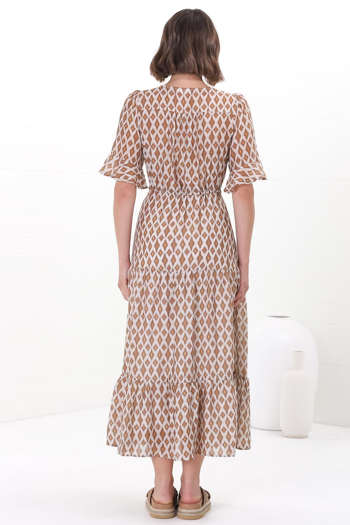 Andiara Midi Dress - A-Line Dress with Flute Sleeves and Waist Tie in Marah Print