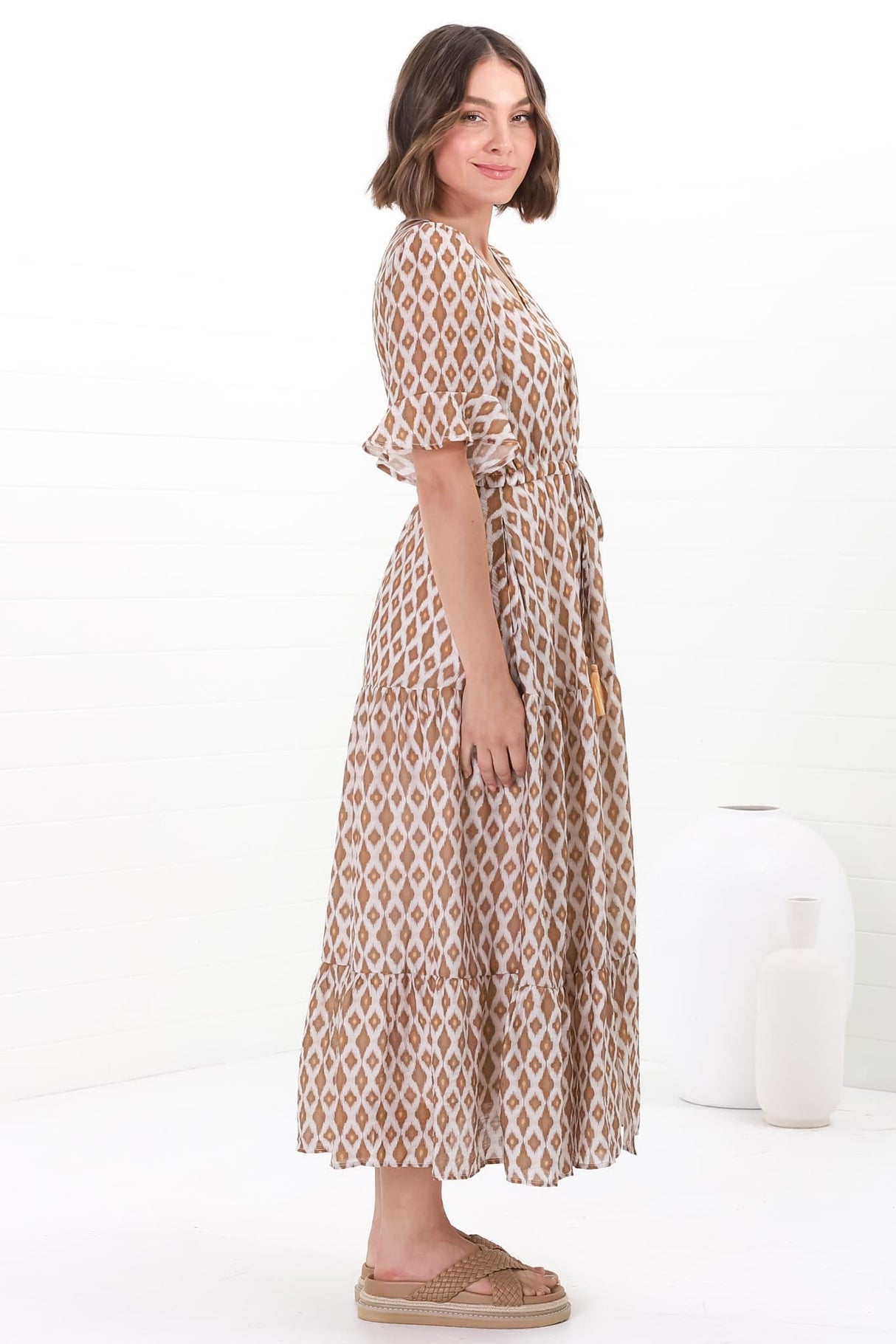 Andiara Midi Dress - A-Line Dress with Flute Sleeves and Waist Tie in Marah Print