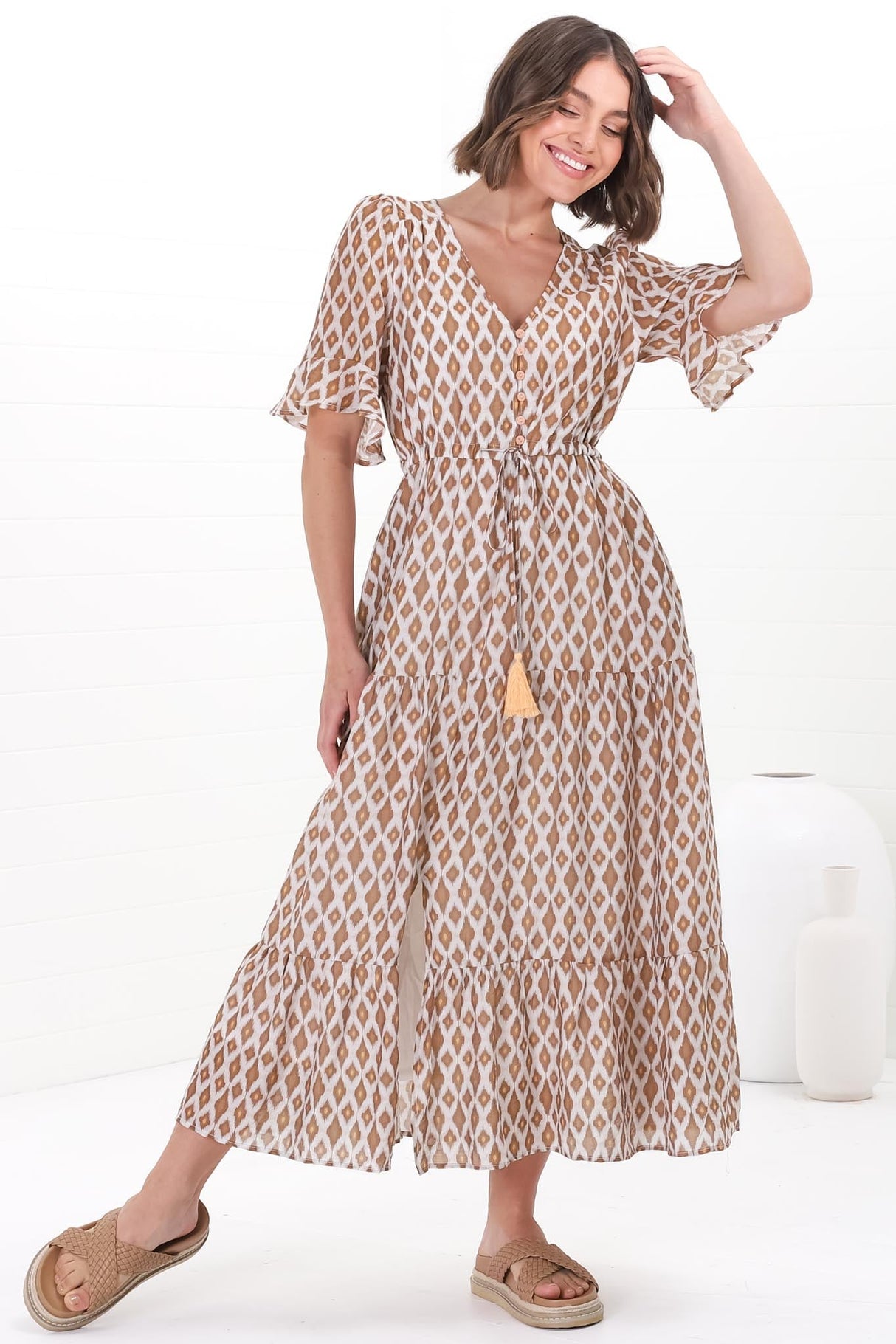 Andiara Midi Dress - A-Line Dress with Flute Sleeves and Waist Tie in Marah Print