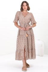 Andiara Midi Dress - A-Line Dress with Flute Sleeves and Waist Tie in Marah Print