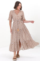 Andiara Midi Dress - A-Line Dress with Flute Sleeves and Waist Tie in Marah Print