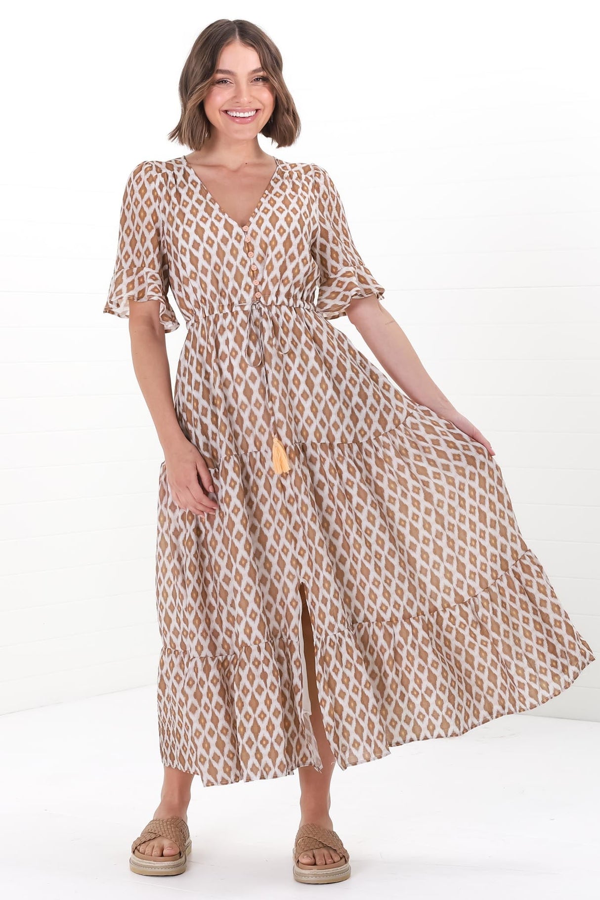 Andiara Midi Dress - A-Line Dress with Flute Sleeves and Waist Tie in Marah Print