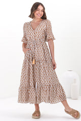 Andiara Midi Dress - A-Line Dress with Flute Sleeves and Waist Tie in Marah Print