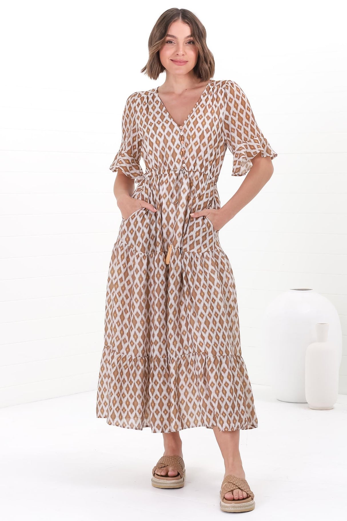 Andiara Midi Dress - A-Line Dress with Flute Sleeves and Waist Tie in Marah Print