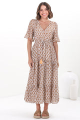 Andiara Midi Dress - A-Line Dress with Flute Sleeves and Waist Tie in Marah Print