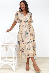 Andie Midi Dress - V-neck Tiered A-Line Dress with Waist Tie in Acapulco Print