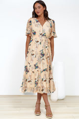 Andie Midi Dress - V-neck Tiered A-Line Dress with Waist Tie in Acapulco Print