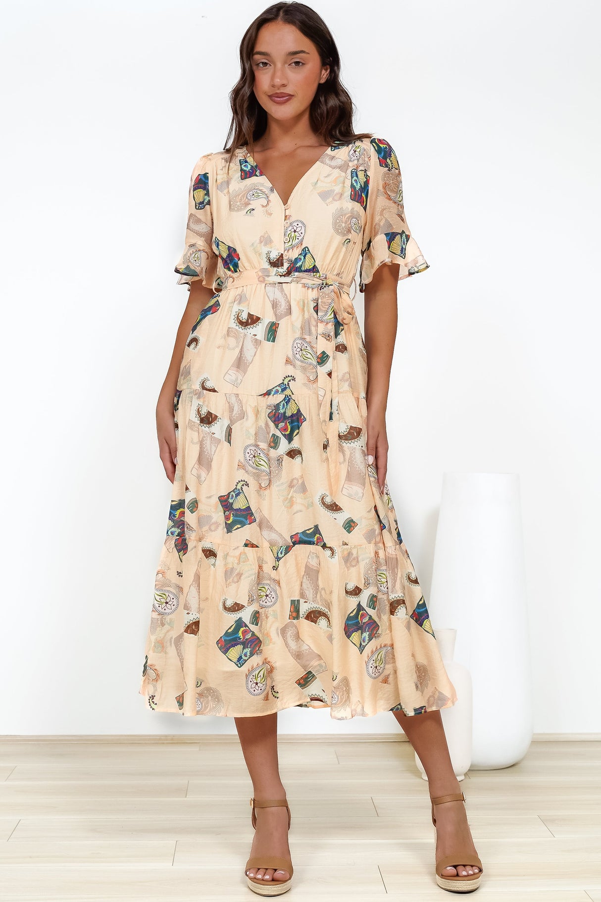 Andie Midi Dress - V-neck Tiered A-Line Dress with Waist Tie in Acapulco Print