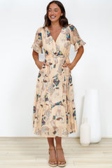 Andie Midi Dress - V-neck Tiered A-Line Dress with Waist Tie in Acapulco Print