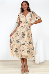 Andie Midi Dress - V-neck Tiered A-Line Dress with Waist Tie in Acapulco Print