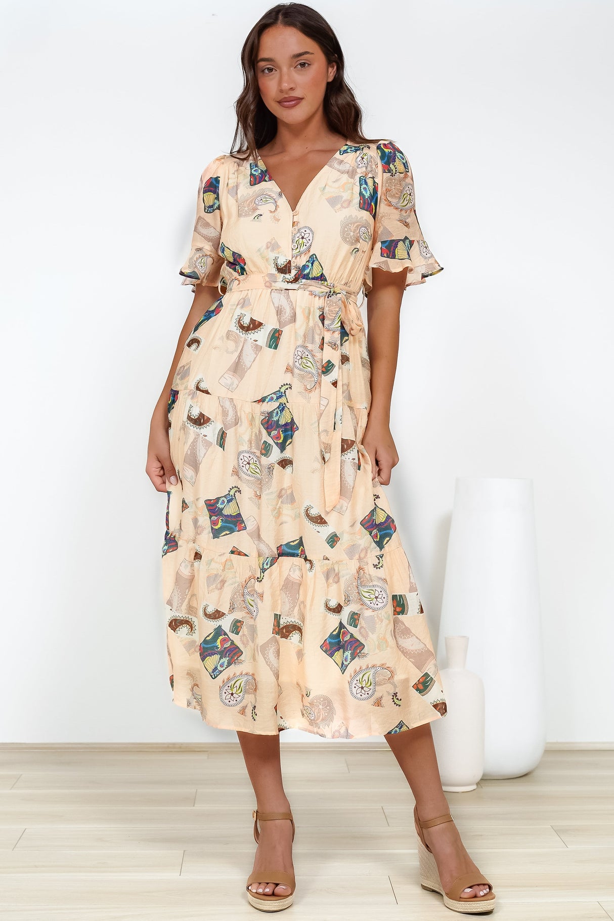 Andie Midi Dress - V-neck Tiered A-Line Dress with Waist Tie in Acapulco Print