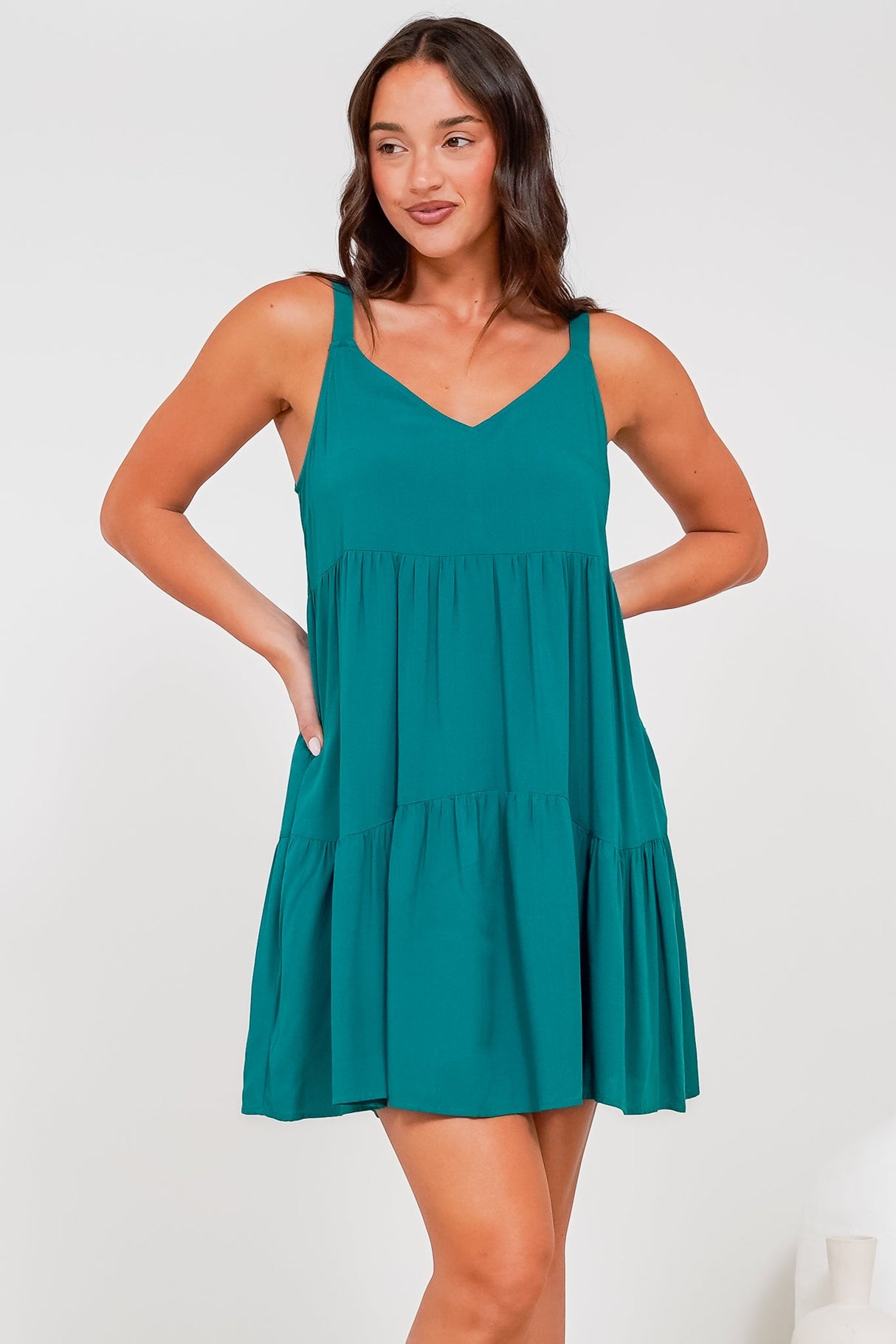 Andra Mini Dress - Thick Adjustable Strap Tiered Sun Dress in Jade