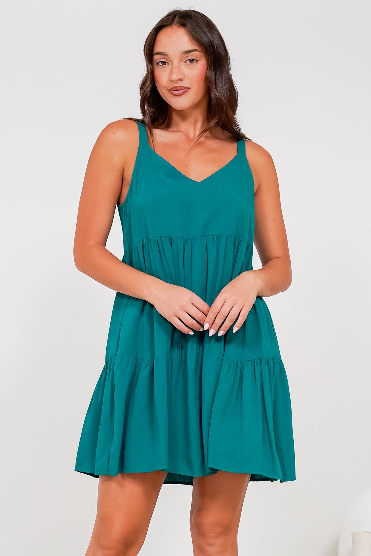 Andra Mini Dress - Thick Adjustable Strap Tiered Sun Dress in Jade