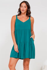 Andra Mini Dress - Thick Adjustable Strap Tiered Sun Dress in Jade