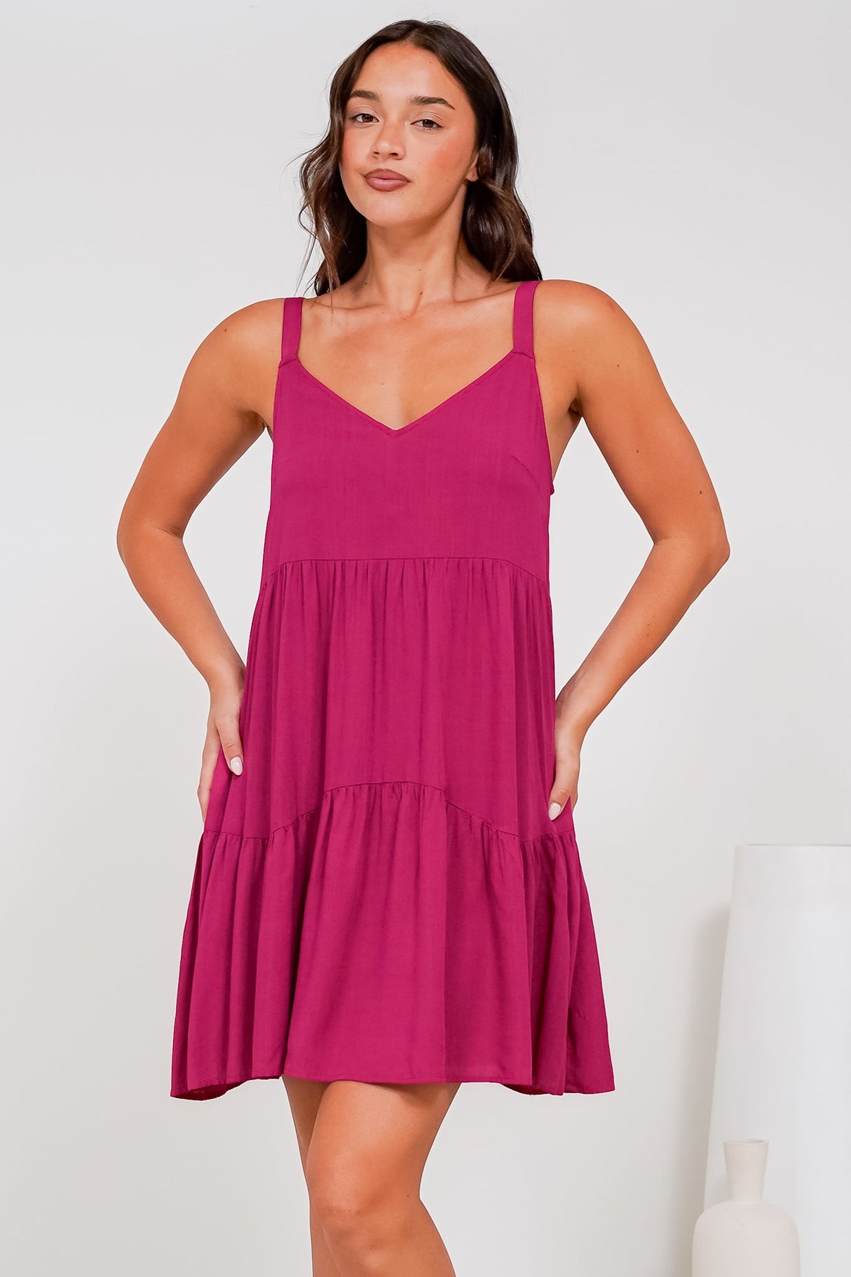 Andra Mini Dress - Thick Adjustable Strap Tiered Sun Dress in Magenta