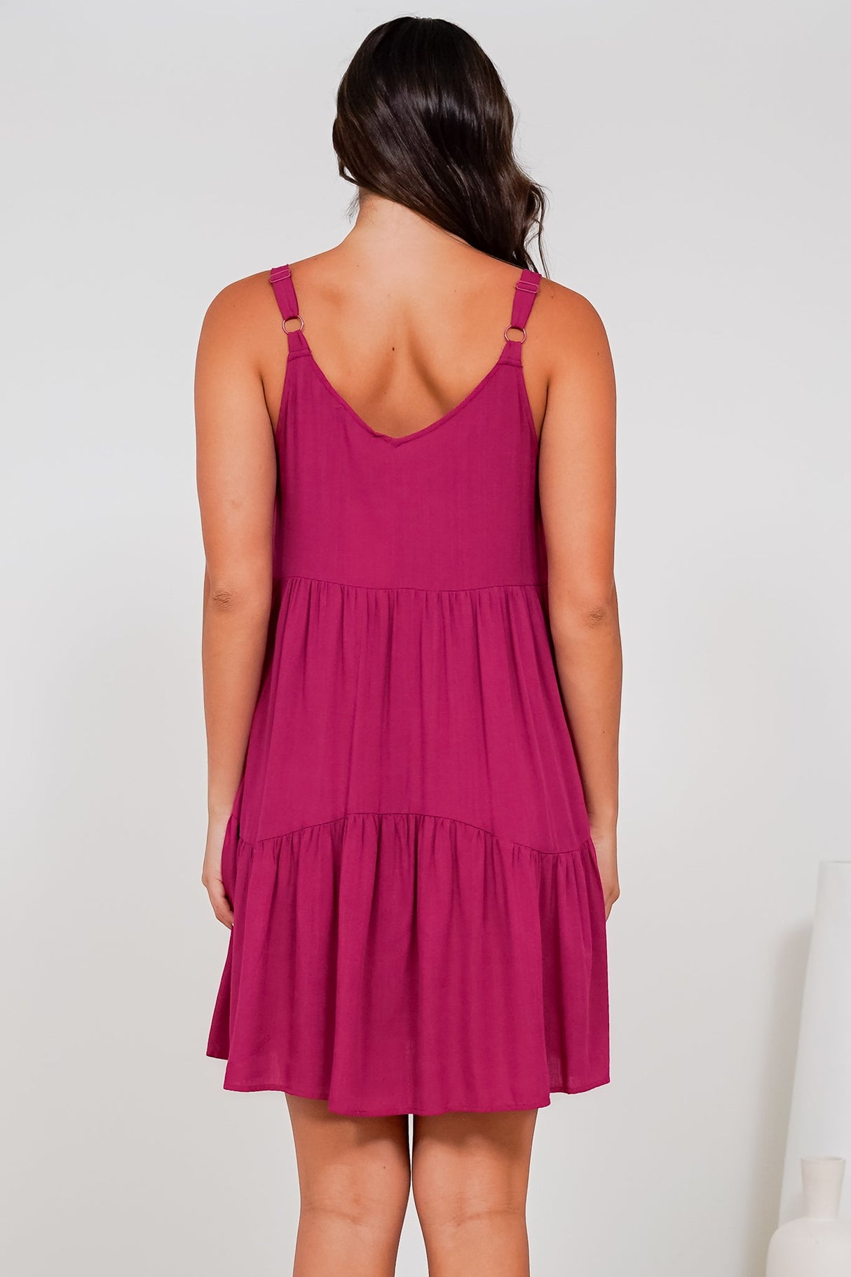 Andra Mini Dress - Thick Adjustable Strap Tiered Sun Dress in Magenta
