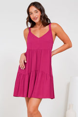Andra Mini Dress - Thick Adjustable Strap Tiered Sun Dress in Magenta