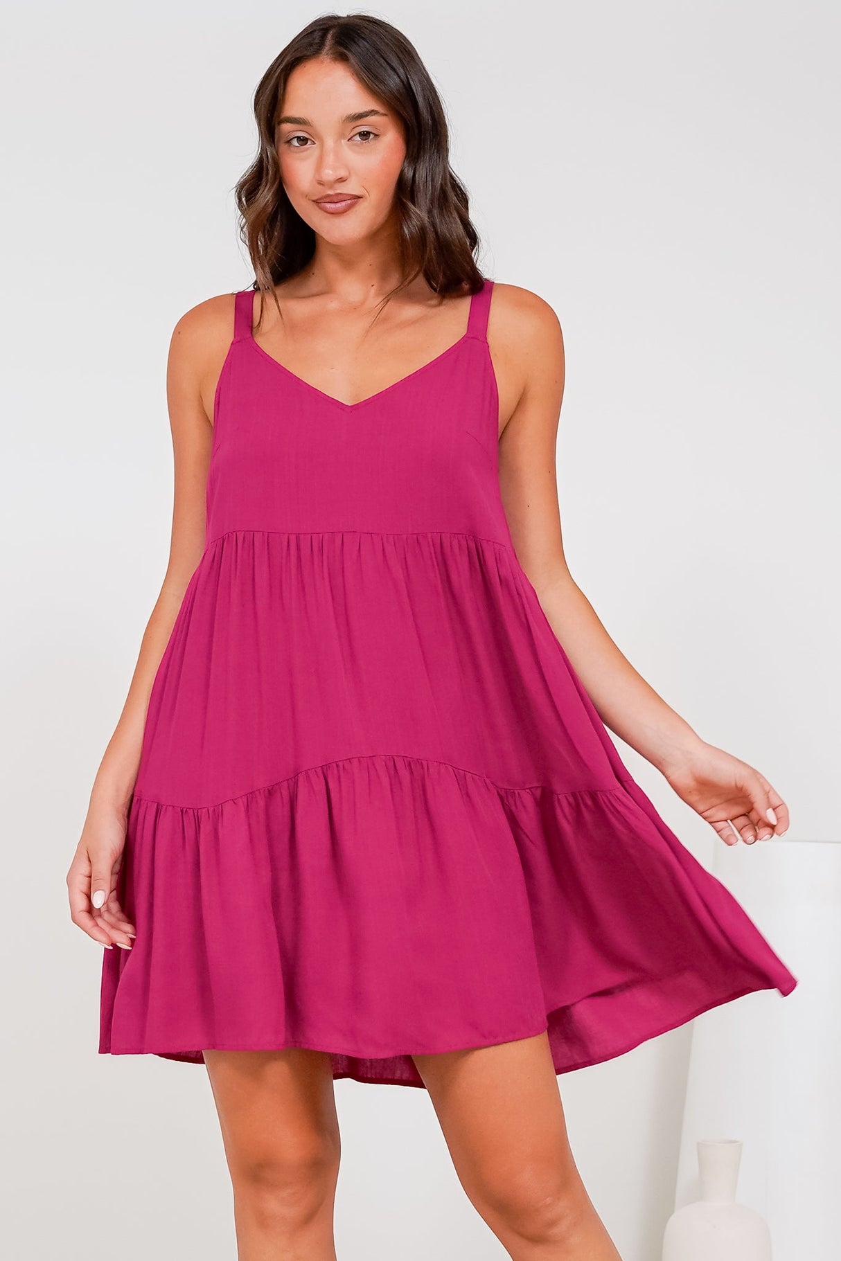 Andra Mini Dress - Thick Adjustable Strap Tiered Sun Dress in Magenta