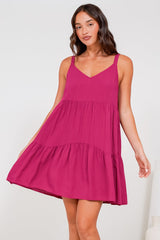 Andra Mini Dress - Thick Adjustable Strap Tiered Sun Dress in Magenta