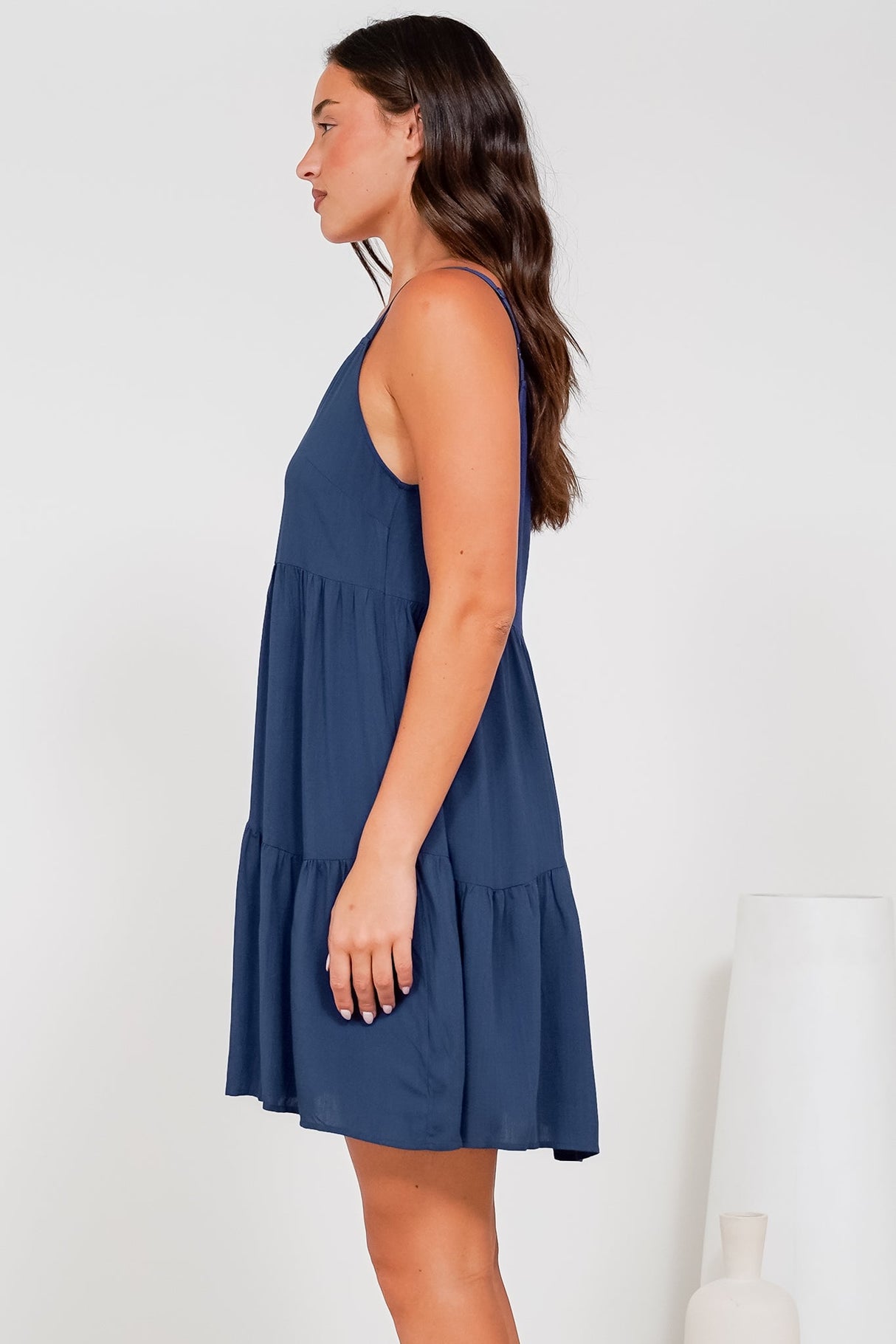 Andra Mini Dress - Thick Adjustable Strap Tiered Sun Dress in Navy
