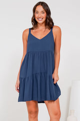 Andra Mini Dress - Thick Adjustable Strap Tiered Sun Dress in Navy