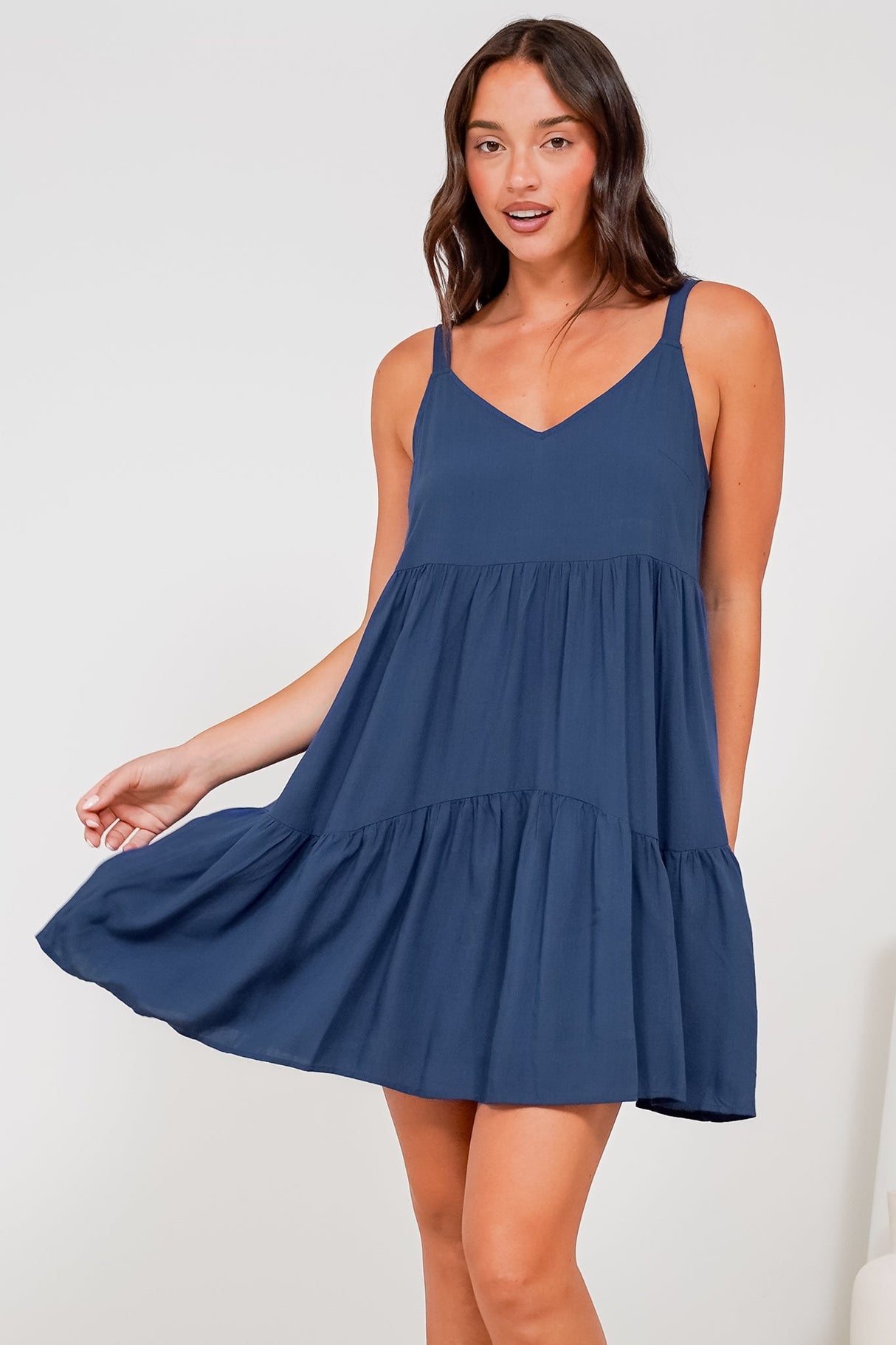 Andra Mini Dress - Thick Adjustable Strap Tiered Sun Dress in Navy