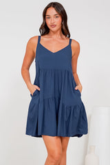 Andra Mini Dress - Thick Adjustable Strap Tiered Sun Dress in Navy