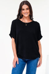 Andre Top - Crew Neck Slouchy Knit Top with Cuffed Short Sleeves in Black